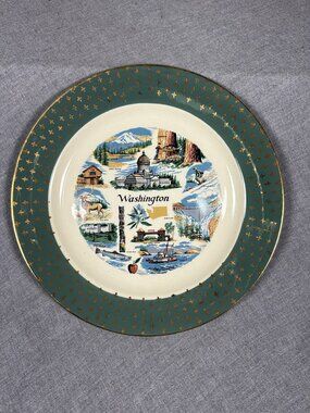 Vintage Homer Laughlin Washington State Souvenir Plate Gold Gilt Rim 10 inch